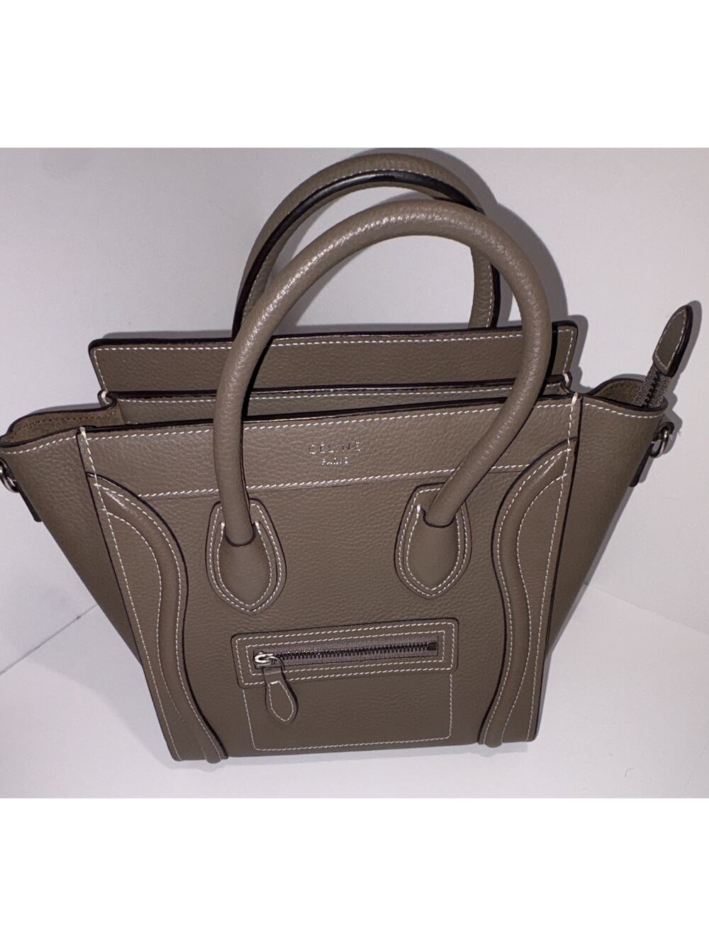 Celine Taupe Nano Satchel Top Handle Zip Bag Detachable Strap Silver Hardware